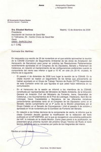 Respuesta de la Presidenta de AENA (Encaranción Vicanco) al requerimiento de la AVV de Gavà Mar para que se modifique la redacción del AIP del aeropuerto del Prat para minimizar el uso de la configuración este